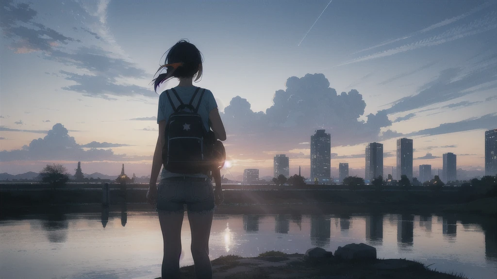 sunset,暗いnight空,Octane, star (null), scenery, Blue parakeet,Acoustic guitar,star, night, One Girl, Back view, alone, Outdoor, city,river,Blue parakeet,building, cloud, 天のriver, Are standing,silhouette