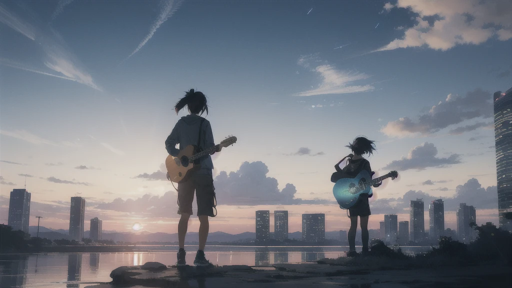 sunset,暗いnight空,Octane, star (null), scenery, Blue parakeet,Acoustic guitar,star, night, One Girl, Back view, alone, Outdoor, city,river,Blue parakeet,building, cloud, 天のriver, Are standing,silhouette