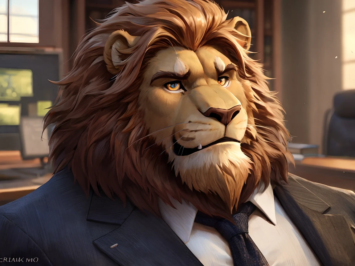 office，Looking at you with an embarrassed expression, Scene at the desk, , (super detailed), sharp focus, facial close-up（Shy，lion orc,golden eyes, brown mane, Light-colored fur, White beard, human nature (lion), male, middle aged, Shallow body, white belly, muscular, super detailed face, (exquisite eyes)frown,Embarrassed expression，Tooth grinned，suit and tie，motion blur, (best quality), (masterpiece), high detail, high quality, Award-winning, high resolution, HD, 16K, 