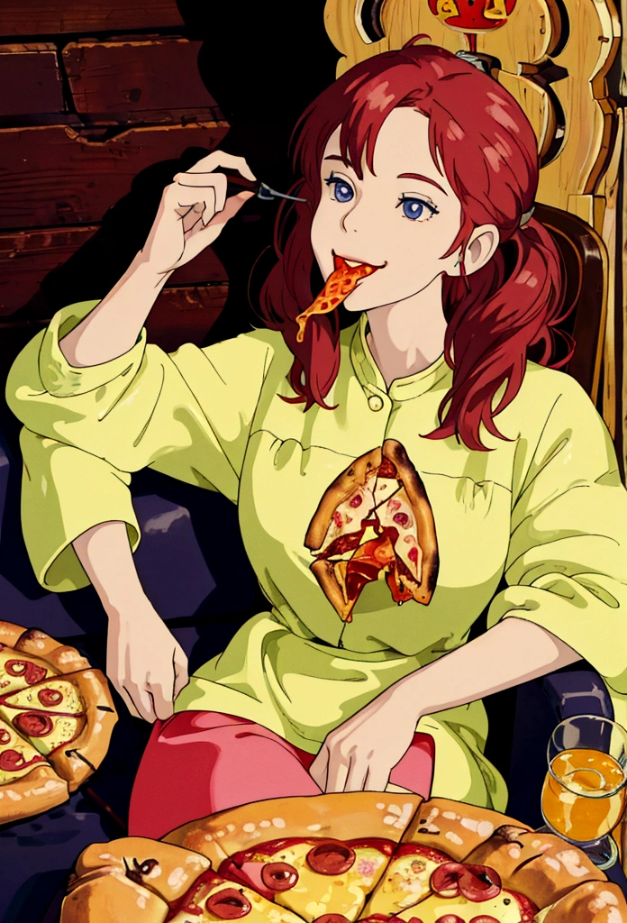 woman,smilie,eating pizza, sitting on the chair, BREAK, 8k , best-quality, masterpiece, perfect anatomy