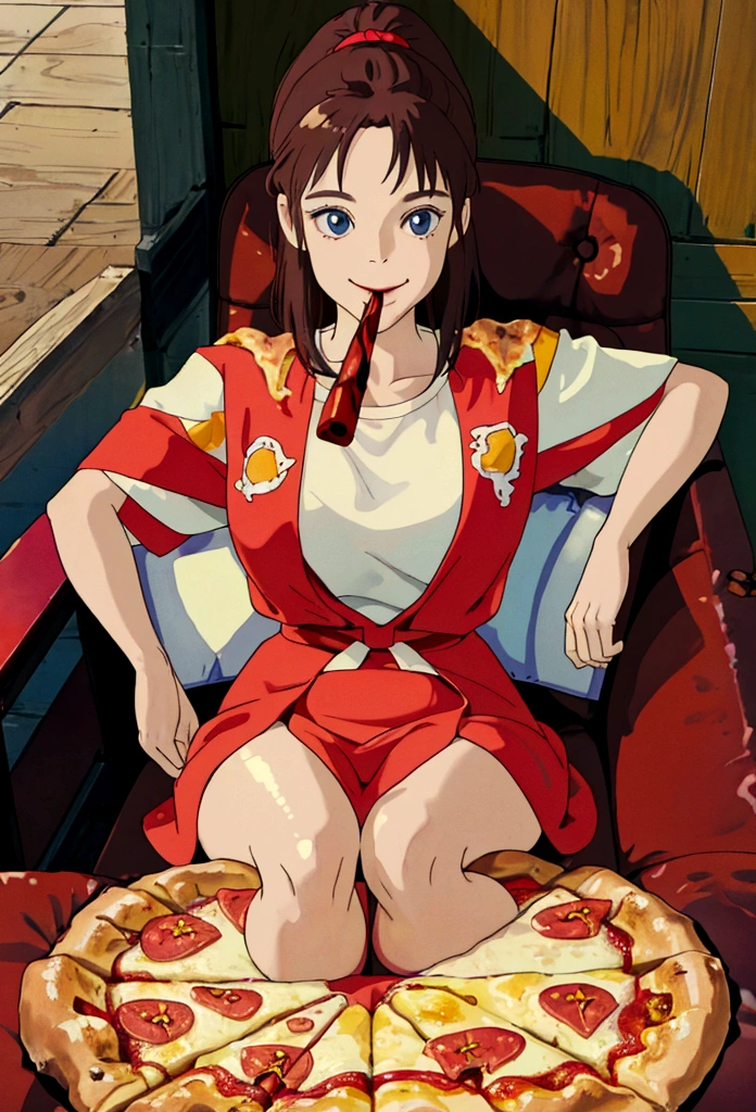 woman,smilie,eating pizza, sitting on the chair, BREAK, 8k , best-quality, masterpiece, perfect anatomy