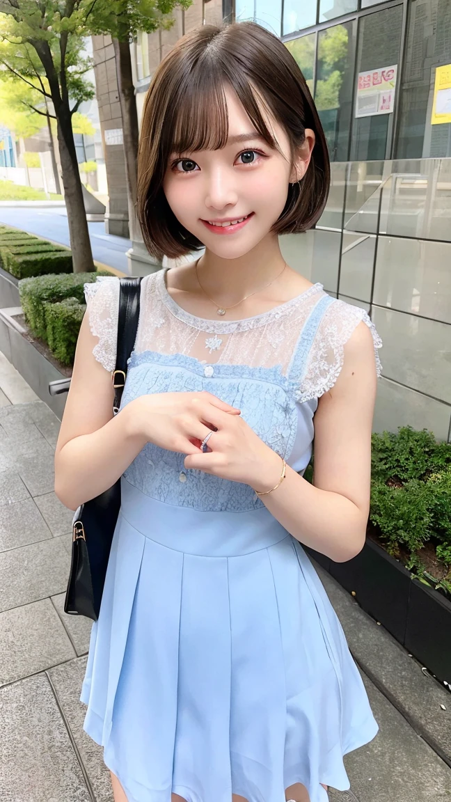 8K、best image quality、smile、masterpiece、spring、short hair、fine eyes、small breasts、A refreshing smile、Female college student、Dimples、New dresses for spring、Clear system、attending university、Ruck sack