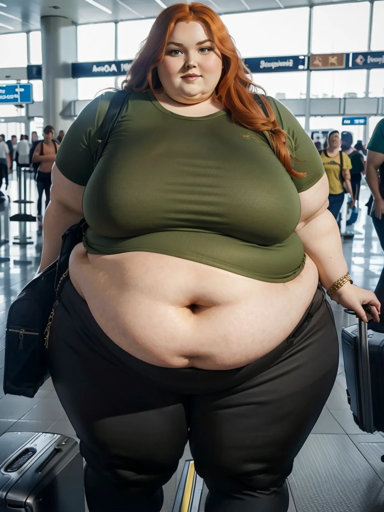 A plane passenger photo of a Beautiful ginger SSBBW, with long wavy ginger hair, with big soft fat belly, thicc fat arms, thicc wide legs, big breast, in a cute green top tucked in her pants, and black pants, at airport waiting for the plane, holding a suitcase
