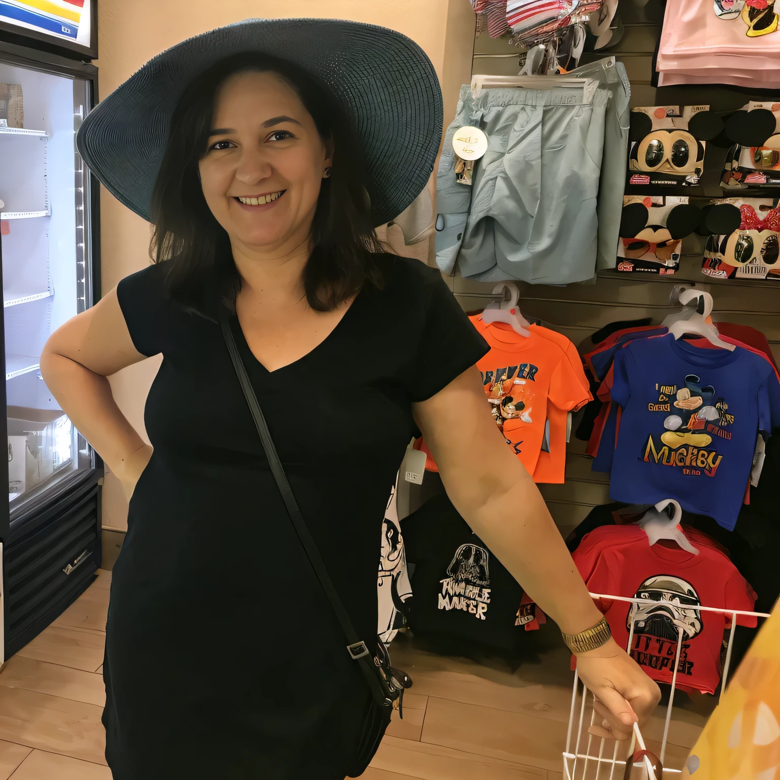 woman in a black dress and a large blue hat standing in front of a refrigerator, wearing a travel hat, wearing black old dress and hat, wearing black dress and hat, wearing black witch hat, she is wearing a hat, wearing a witch hat, usa-sep 20, disney artist, wearing wide sunhat, photo taken in 2018