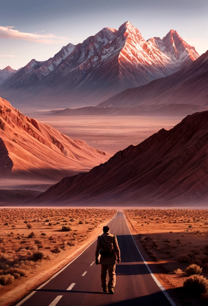 man walking on a deserted road with mountains background super hd realistic