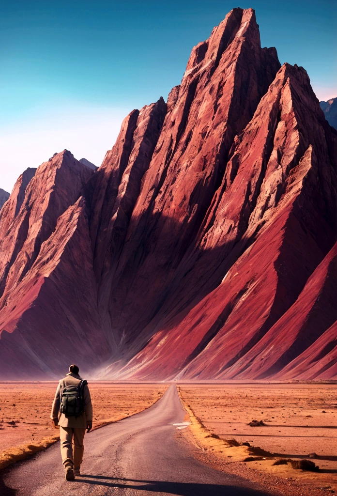 man walking on a deserted road with mountains background super hd realistic
