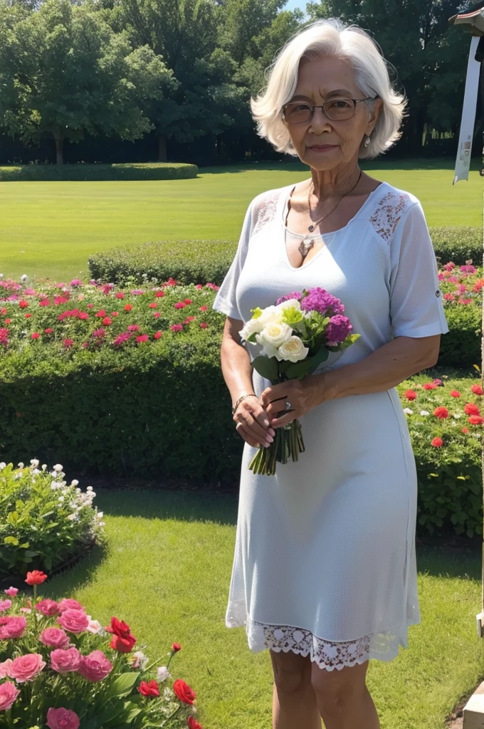 Elderly lady with dark skin, with a bouquet of flowers, in the middle of a beautiful landscape with lawn and flowers 