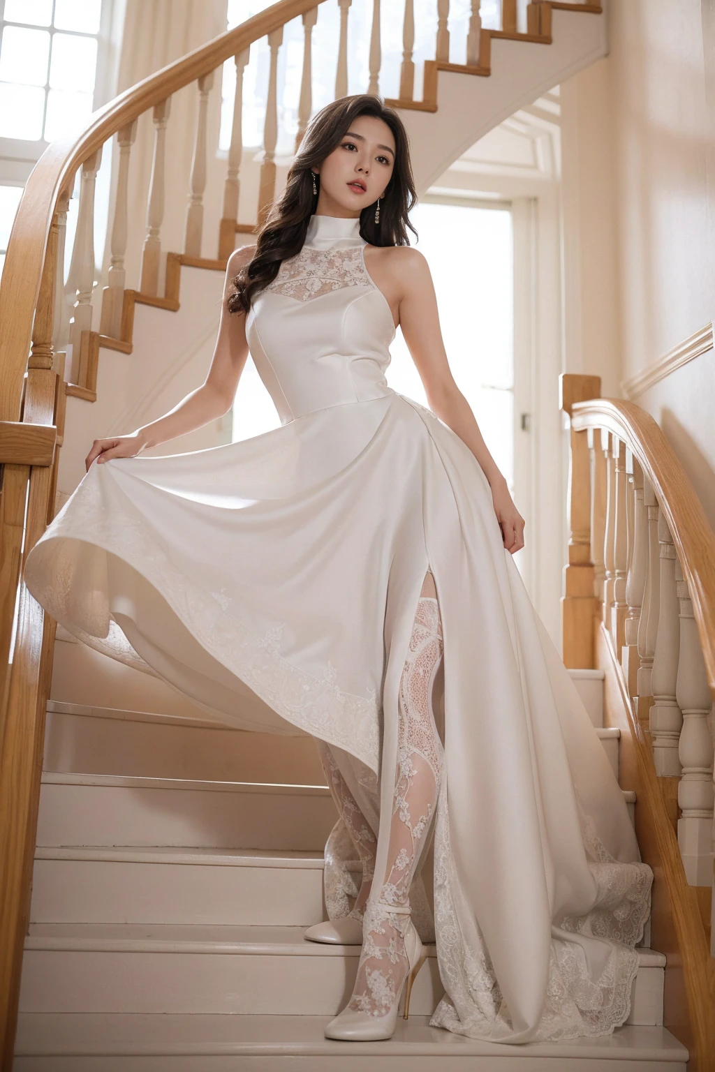 (8K,tmasterpiece,RAW photos,best qualtiy,the detail:1.2),Korean female model，Height 175 cm，perfect bodies，Long legs，wavy and long hair，Standing on wooden stairs in cut-out wedding dress, emaciated wedding dress, sexy gown, long wedding dress, full - length view, fantasy long intricate gown, white turtleneck lace dress, an elegant woman in white wedding dress, full lenght shot, sophisticated dress，((Pantyhose)),Ray tracing，Full body portrait
