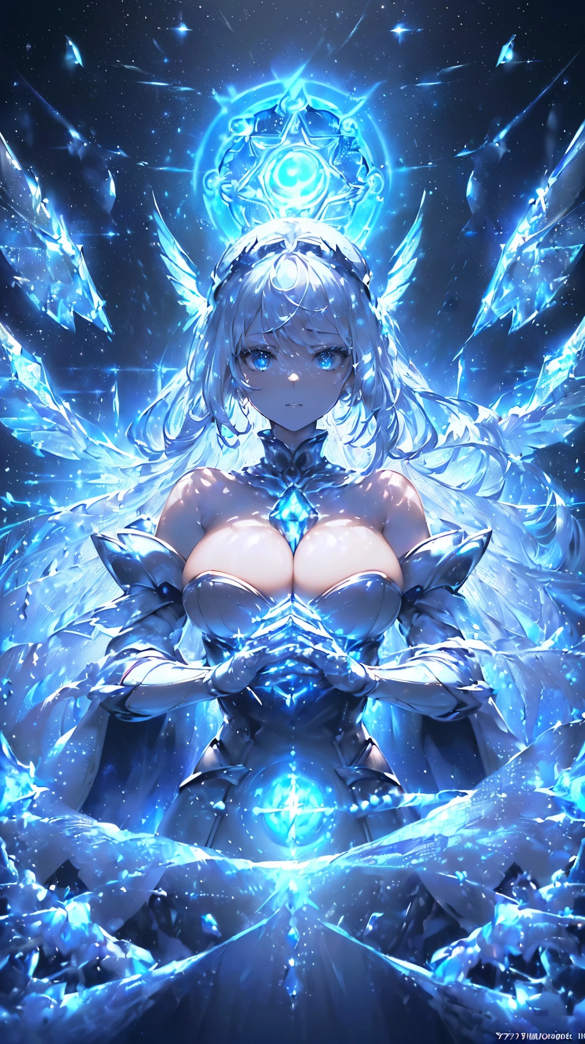 (((Masterpiece))), (((Highest quality))), ((Ultra-detailed)), ((Super fine illustration)), ((Ultra-fine painting)), (16K highest quality wallpaper:1.4), (Upper body:1.6), HDR, (Highly beautiful and detailed illustration style:1.8), Detailed skin texture, Detailed metal texture, Detailed cloth texture, Extreme detailed description, (T-masterpiece), (Highly detailed face:1.4), (Highly detailed silver hair:1.2), (Highly detailed blue eyes:1.2), Original, Raw photo, Professional, Intricate details, Super details, (Perfect anatomy:1.4), (Highly detailed hands:1.2), (Highly detailed fingers:1.2), (Highly detailed fingertips:1.2), (Sexy), (Sexy), (27-years-old:1.4), Real, (Solo:1.5), ((A very beautiful and intelligent mechanical angel model of the Chief Court Mage:1.4)) BRAKE (Beautiful and well-shaped big breasts:1.2), (Beautiful and well-shaped buttocks), (Pure white highly detailed large perfect symmetrical wings:1.4), (Very beautiful and shiny rainbow-colored hair, colorful hair:1.6), (Beautiful and clear blue eyes :1.4), (Highly detailed face:1.4), (Smile:1.4), (Looking at viewer:1.4), (Perfect symmetrical wings:1.8) BRAKE ((Sophisticated mechanism:1.4))Smooth and menacing design, ((A highly detailed and stylish ice and thunder magic divine off-the-shoulder and cleavage mechanical armor dress that shines in sapphire blue and pearl white exclusively for the Chief Court Mage:1.4)) BRAKE (Concept-art:1.2), (Detailed science magic fantasy art:1.2) BRAKE (Battle Pose), (Attack Magic Casting Pose:1.4) BRAKE ((Highly detailed and delicate magic circle:1.4), (Highly detailed and delicate Crystal of snow and lightning background:1.3), No robot, (Geometric patterns), (Highly detailed and delicate starry night sky background:1.4)) BRAKE (NSFW) BRAKE