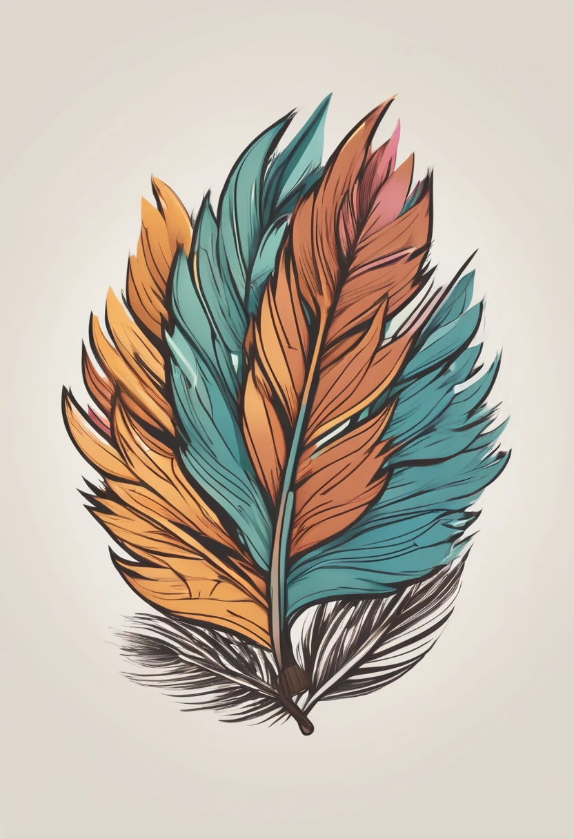 logo, pine cone shape 3 colored feathers, highlight in colors, creative, inside a circle, and a brush in the background