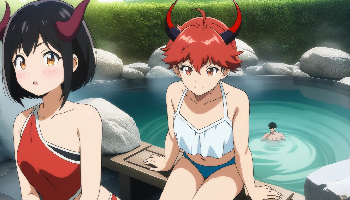 Masterpiece, best quality, very aesthetic, absurdres, create an image of a 2 female anime characters and 1 male character; the heroine, with white long hair, wearing white bikini. the demon lord, with red short hair and horns, wearing red bikini. and the boy, with black short hair, wearing a blue swimming trunk. the boy sits in between both the heroine and demon lord on an outdoor onsen. all depicted in anime comedy shounen art style. shounen anime digital art, expressive shounen anime art, dynamic composition, anime style, highly detailed,
