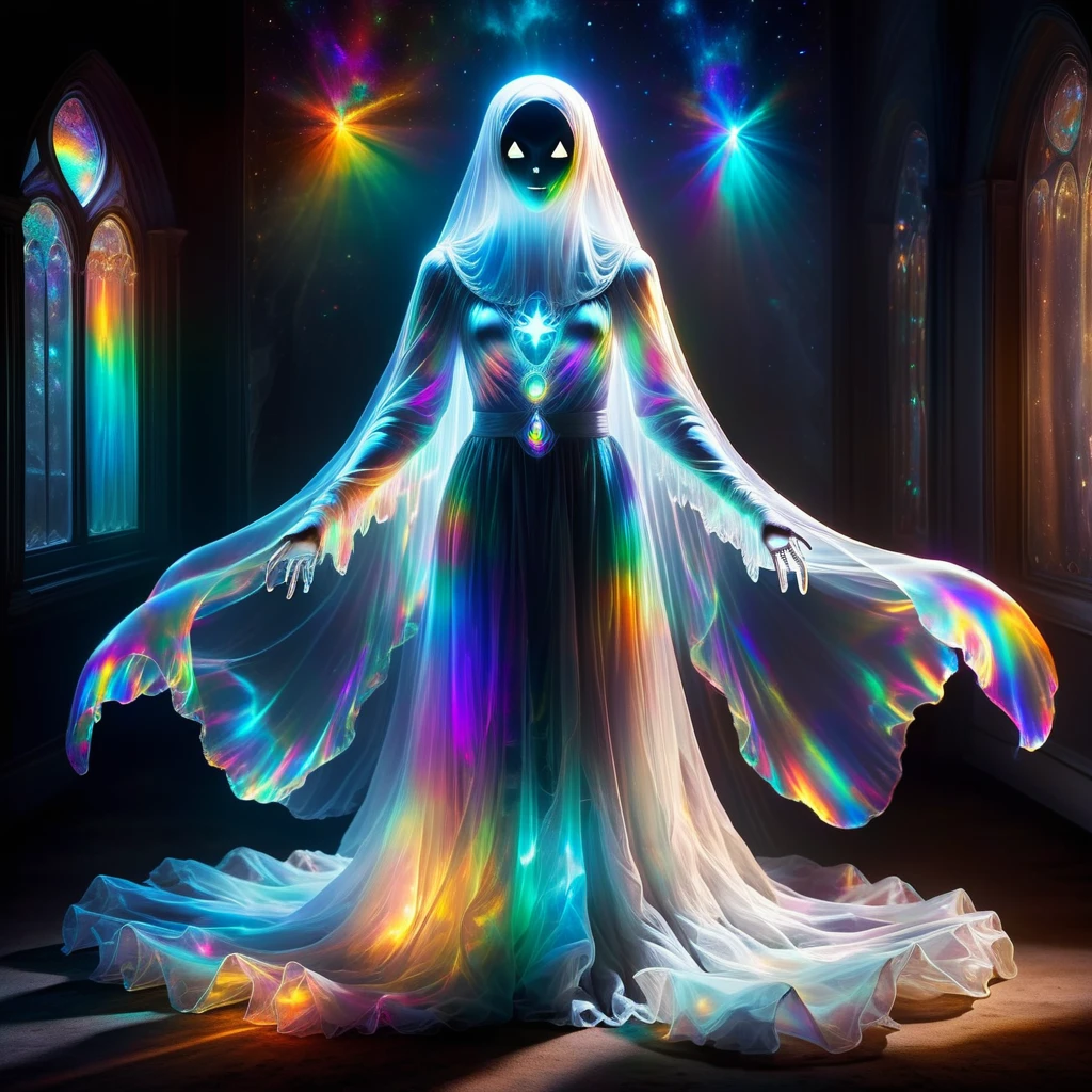 Superb masterpiece, dynamic, Great quality,Don MSp3ctr4lXL,Translucent female ghost, ghostly Spectrum entity, Shadowy, ether, Covered and shabby appearance, Glowing eye sockets,  Spectrum, Ghostly, other-dimensional beings 