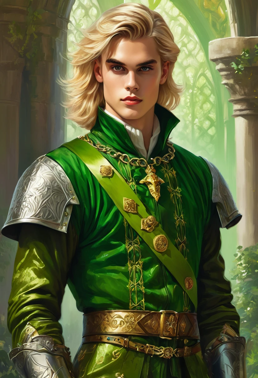 Neels Visser is a prince who has golden blonde hair, wears a moss green medieval military outfit, looking forward with piercing emerald green gaze. full body, art by Greg Rutkowski