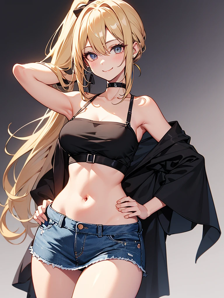 (highest quality, High resolution, perfect pixel, Depth of bounds written, 4K), upper body, (chair), (looking down), (detailed eyes), (1 lady), tall, (skinny body:1.2), (thin thighs:1.2), (Narrow hips:1.2), (black tube tops:1.4), bellybutton, sleeveless, middle breasts, (blond hair), (ponytail:1.2), (standing:1.2), (denim skirt:1.3), (panty strap:1.2), (hand on hip and behind head:1.2), contrapposto, (seductive smile),