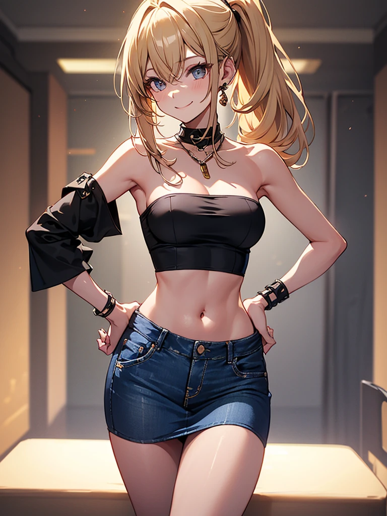 (highest quality, High resolution, perfect pixel, Depth of bounds written, 4K), upper body, (chair), (looking down), (detailed eyes), (1 lady), tall, (skinny body:1.2), (thin thighs:1.2), (Narrow hips:1.2), (black tube tops:1.4), bellybutton, sleeveless, middle breasts, (blond hair), (ponytail:1.2), (standing:1.2), (denim skirt:1.3), (panty strap:1.2), (hand on hip and behind head:1.2), contrapposto, (seductive smile),
