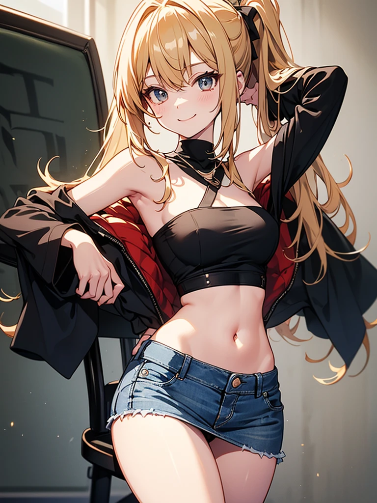 (highest quality, High resolution, perfect pixel, Depth of bounds written, 4K), upper body, (chair), (looking down), (detailed eyes), (1 lady), tall, (skinny body:1.2), (thin thighs:1.2), (Narrow hips:1.2), (black tube tops:1.4), bellybutton, sleeveless, middle breasts, (blond hair), (ponytail:1.2), (standing:1.2), (denim skirt:1.3), (panty strap:1.2), (hand on hip and behind head:1.2), contrapposto, (seductive smile),