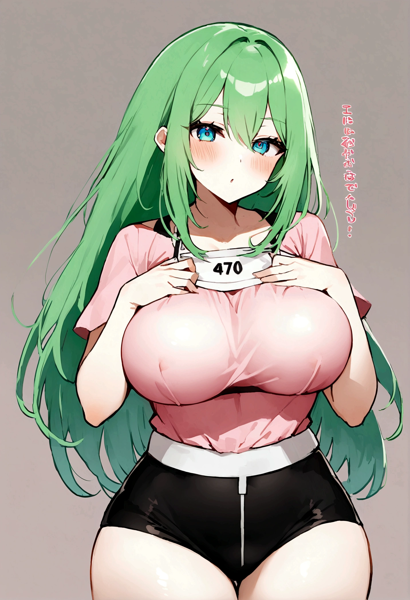 My name is Yashiro., I am a white test woman with long green  hair , turquoise eye color  . I am 1.62 cm tall and weigh 47 kg. My breasts measure 0 cm, my waist 40 cm and my hips 200 cm. Dressed in a tight, low-cut pink blouse along with short black shorts  . With breasts 0 cm