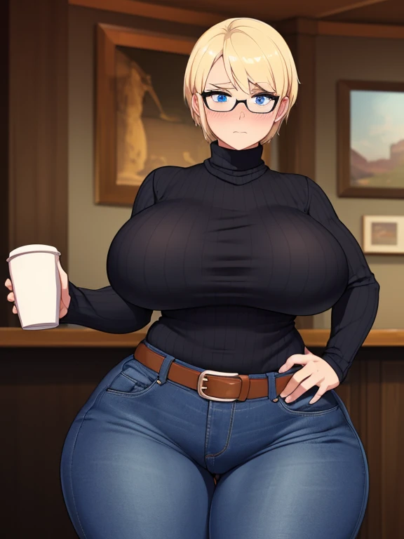 ((Masterpiece)), perfect anatomy, perfect shading, field of depth, (best quality), extremely delicate and beautiful, perfect lighting, detailed face, ultra cute face, cute, (cowboy shot 1.2), full body, (((1girl))), ((solo)), looking at viewer,

short hair, fluffy hair, blonde hair, blue eyes, Glasses, ((blush)), shy, nervous (black turtleneck sweater 1.5), (jeans 1.2), belt, extremely tight clothes, HUGE breasts, ((wide hips)), (((thick thighs))), ((curvy)),

cafe, intricate background, detailed background, hand on hip, holding coffee cup,
