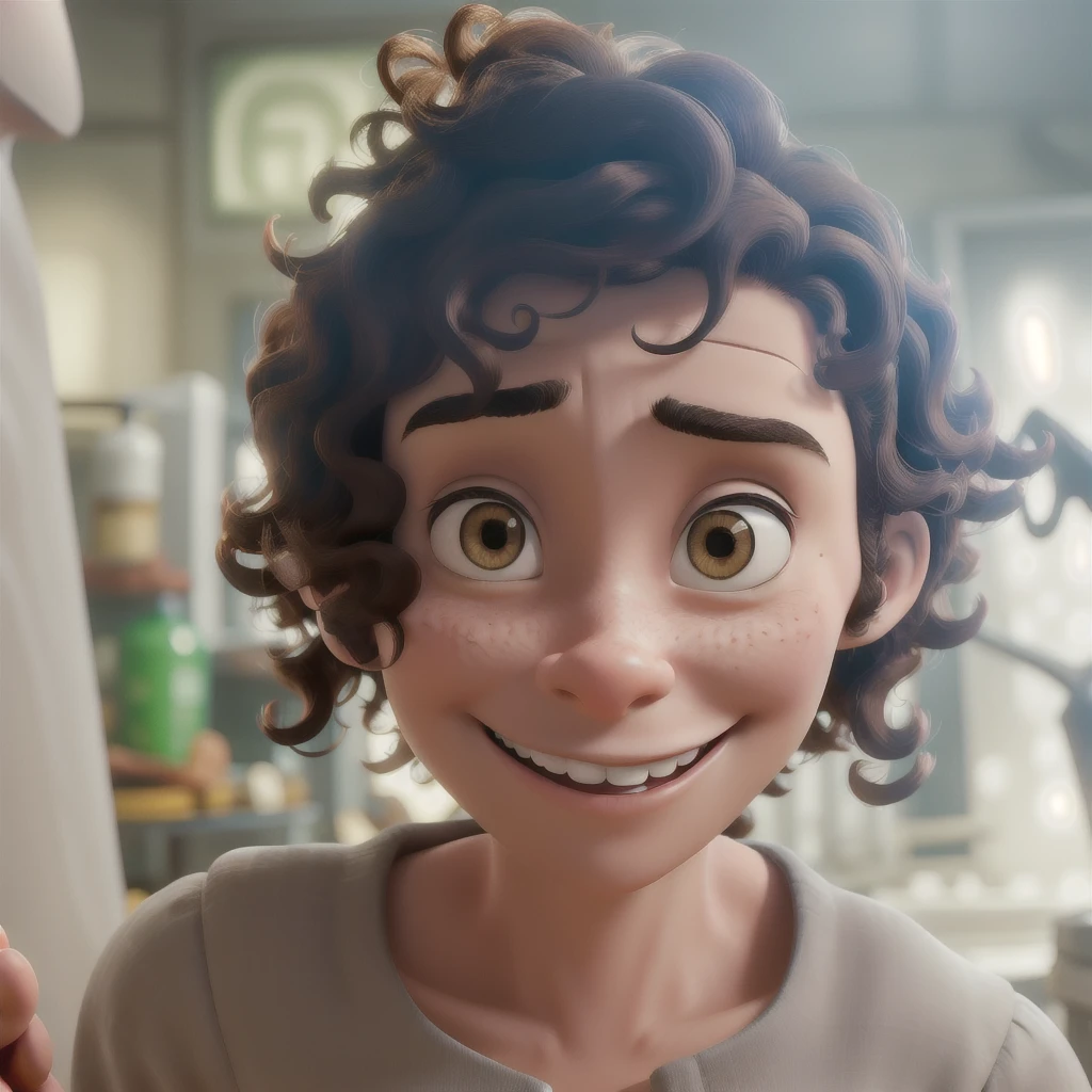 Woman, 3d pixar style, short curly hair, dark brown hair, Grinning, in a white coat, biomedical, He has a knife in one hand and boxing gloves in the other., with the background in a morgue with empty stretchers
