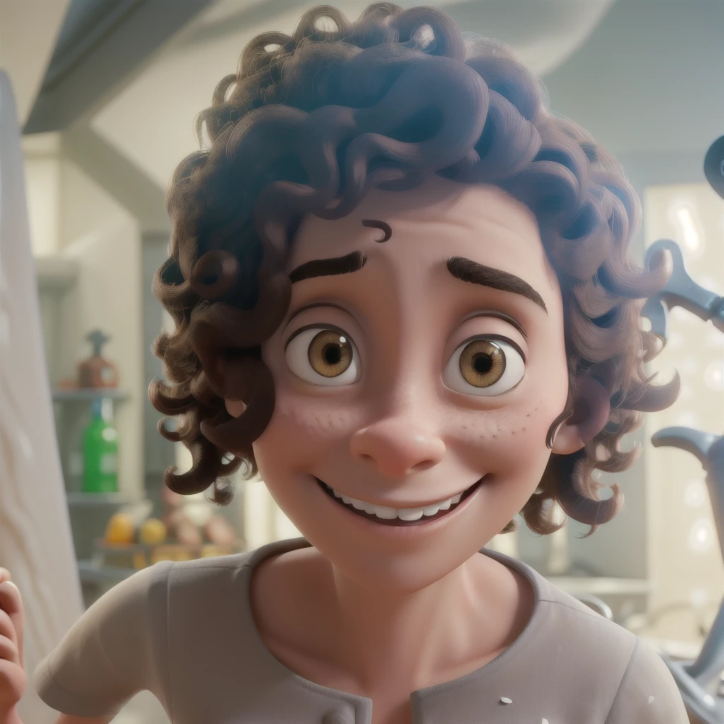 Woman, 3d pixar style, short curly hair, dark brown hair, Grinning, in a white coat, biomedical, He has a knife in one hand and boxing gloves in the other., with the background in a morgue with empty stretchers