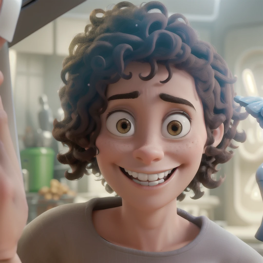 Woman, 3d pixar style, short curly hair, dark brown hair, Grinning, in a white coat, biomedical, He has a knife in one hand and boxing gloves in the other., with the background in a morgue with empty stretchers