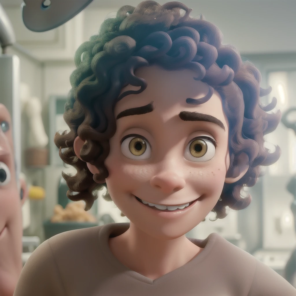 Woman, 3d pixar style, short curly hair, dark brown hair, Grinning, in a white coat, biomedical, He has a knife in one hand and boxing gloves in the other., with the background in a morgue with empty stretchers