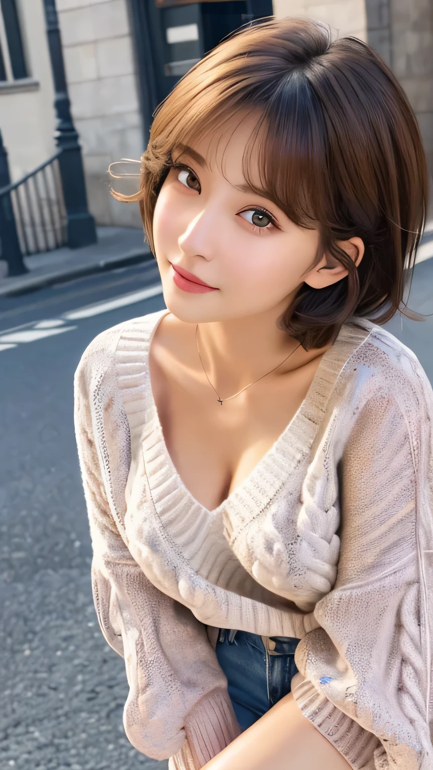 Non-NSFW、Realistic、Highest quality、Highest quality、masterpiece、Ultra-high resolution、RAW Photos、Realistic、Bright lighting、Face Light、Smooth Professional Lighting、Looking into the camera、alone、Adult female、Beautiful woman、Super Beauty、Realistic肌、Moisturized Skin、Realistic eyes and faces、Perfect model body shape、Beautiful Eyes、Big eyes、Inconspicuous tear bags、slim、No bra、Beautiful fingers、Very short hair、Brown Hair、Iris、Looks happy、(Both ears are hidden by hair), (front-open V-neck Long knee-length sweater:1.5), (Long knee-length sweater:1.2),In the city, Small Ass, (Large Breasts:1.1),(Venus&#39; Nipples:1.2), A konigsreuter、Sexy Random Poses,(standing:1.1),(from behind:1.6)