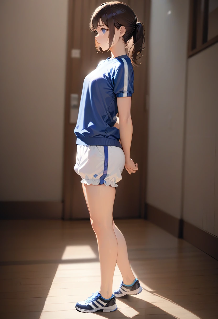 masterpiece, high quality, Nothing there, Small breasts, One Girl, Are standing, stop temporarily, stop temporarily, Gym Wear, Gym suit, Bloomersショーツ, Bloomers,  whole body, shirt, Side view, blue eyes, Realistic