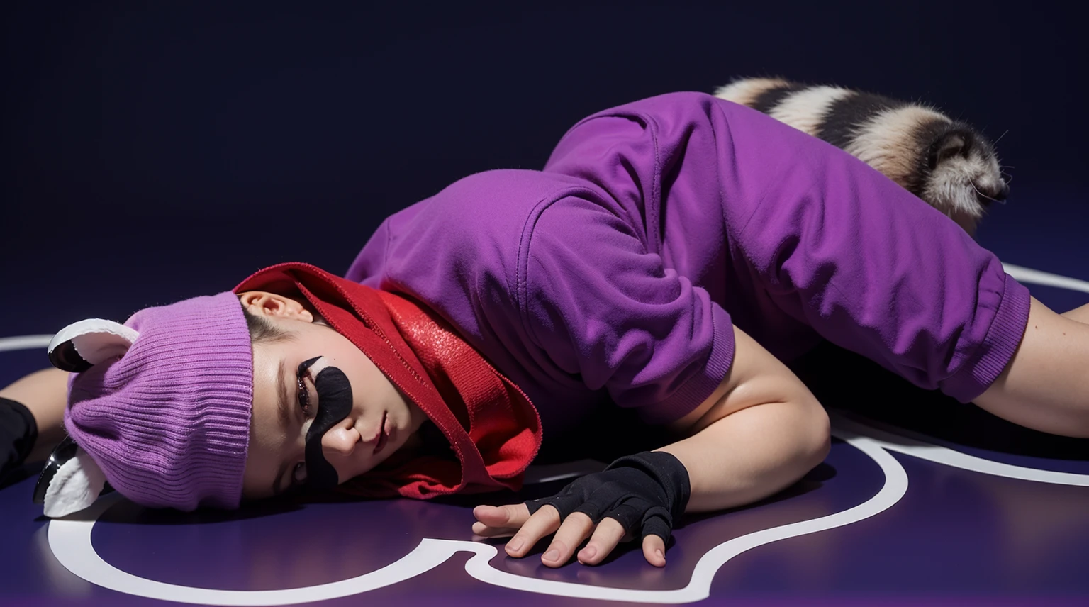 This image features a handsome, muscular young man of African descent, dressed in a raccoon costume. He is lying down with his eyes closed, showcasing his beautiful dark skin. He is wearing a vibrant purple outfit that includes a purple shirt and shorts, a red scarf around his neck, and a purple beanie hat with gray ears attached. His face is painted with black around the eyes and nose to mimic a raccoon's mask, and he is wearing black fingerless gloves. The overall look emphasizes his striking features and the playful nature of his whimsical costume. мультяшный рендеринг ключевого кадра, милый 3D рендеринг,,Create ultra sharp glossy цветной рендеринг zbrush. perfect cgi, cgi art created only with gradients, smooth silhouette, Create ultra sharp skin, high intensity refraction, (plastic material), most beautiful vfx, blue background, plastic refractions, glossy texture, smooth 3d model, multiple light sources, rim light, sharp post effects render, (glossy plastic texture with multiple big light probe refractions), perfect cgi, cgi art created only with gradients, smooth silhouette, high intensity refraction, (plastic material), most beautiful vfx, blue background