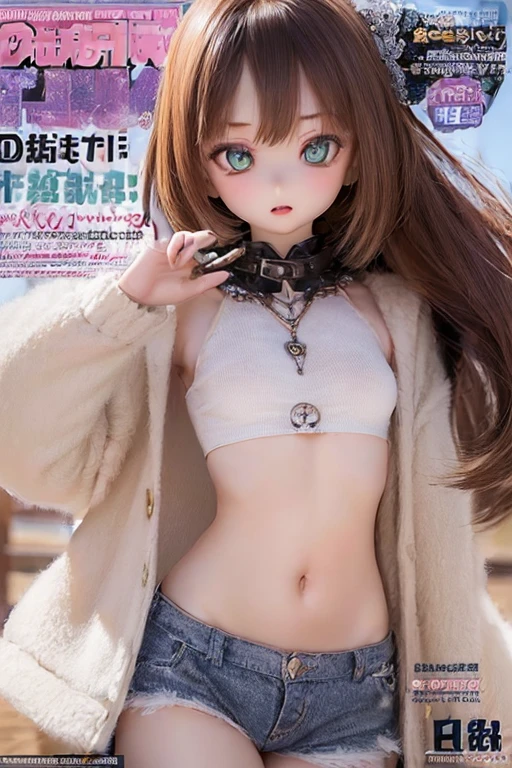 (SFW:2), photorealistic, realistic photo, ((highest quality)), ((masterpiece)), (extremely detailed), kukolnydom, doll, (magazine cover, woman, 22yo, 22 years old:1.6), solo, ((cowboy shot, stylish pose)), (skinny, slender, slim, navel, parted lips), green eyes, brown hair, (looking at anothegradient eyes, shining eyes, detailed eyes, detailed face:1.3), 8k