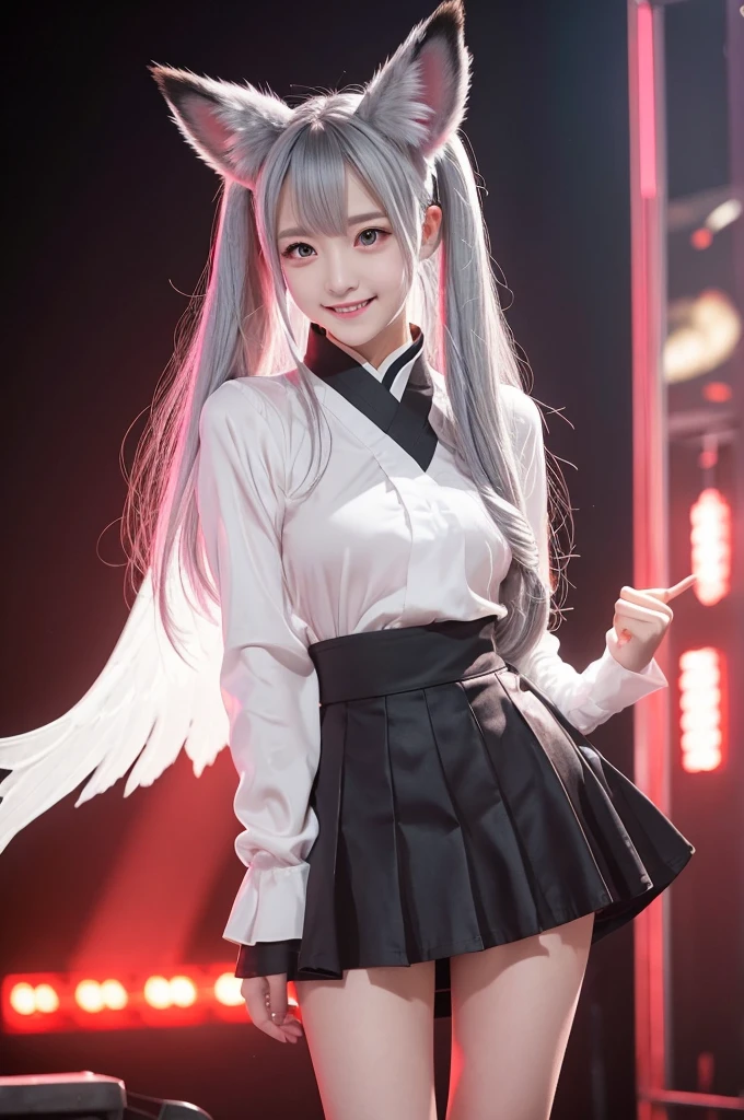 One girl, alone, Gray Hair, Red eyes, Fox Ears, Fox Girl, Angel Wings, Hanfu, silk, Long sleeve, Open your mouth, smile, tooth, Looking at the audience, Tired of it, Silent Echo, Skimpy skirts, Skirt rolled up, Pussy, Exposed genitals