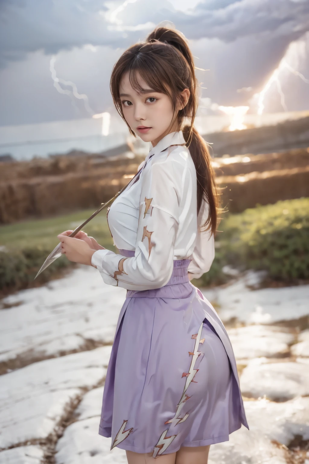 best quality、masterpiece、Ultra-high resolution、(Photorealism:1.4)、RAW photos、Delicate CG quality、Cyberpunk、Beautiful feces、(1 Magical Girl)、, (Double ponytail brown hair:1.4), (White ribbon to stop hair), (Platinum and silver jewelry:1.4)、(White school uniform:1.4)、(Big breasts and thin waist)、(Purple Eyes:1.3), (Shining eyes), (Mysterious power:1.2), (Flying close to the ground at high speed:1.4), (Holding a white magic wand:1.4), ((A pale and fierce ball of light emanated from the wand.:1.4)), (Lightning shoots out of my body:1.4)、detailed portrait、8K picture quality、Vibrant colors、Concept Art、and dramatic atmosphere、Clear focus、Volumetric Lighting、light、Dressed in studio quality、(Neon)、Boundary depth written、Ambient Lighting、Blurred foreground、Blurred background:1.3, (Rainy night:1.4), (((Severe lightning strikes:1.4))), Delicate CG quality, 8mm fisheye lens, The angle of looking from the bottom up:1.2, (Full body angle), Soaked, High-speed shutter,