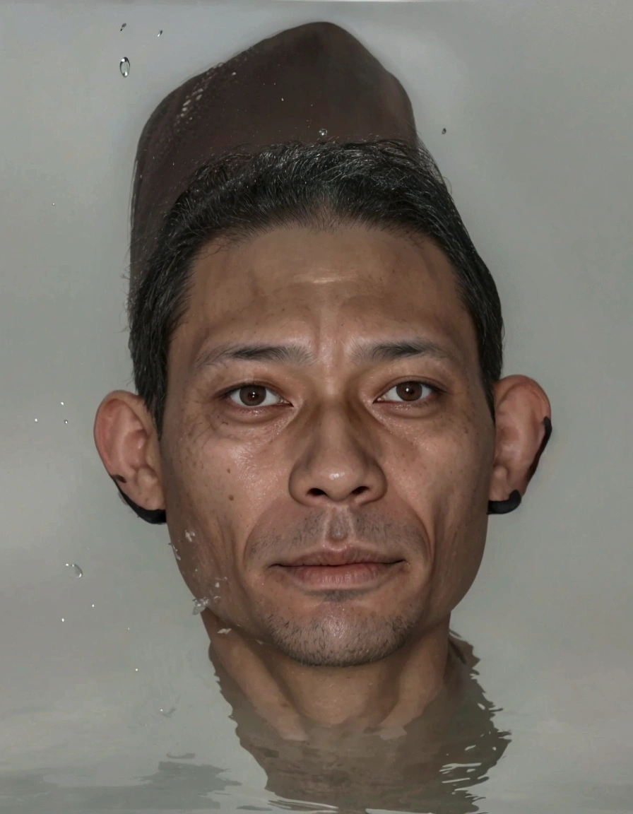 there is a man with a very large head in the water, only one head single portrait, face picture, real human face, one head portrait, emaciated shaved face, 4 0 years old man, cursed image, scariest looking man alive, real human face with skin, digital art but photo, south east asian with round face, photo-realistic face