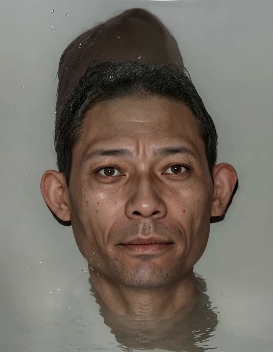 there is a man with a very large head in the water, only one head single portrait, face picture, real human face, one head portrait, emaciated shaved face, 4 0 years old man, cursed image, scariest looking man alive, real human face with skin, digital art but photo, south east asian with round face, photo-realistic face