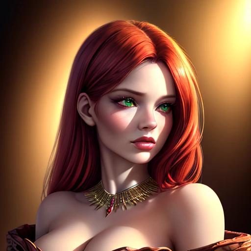 a beautiful girl with green eyes and long red hair, elegant woman, mysterious female portrait, beautiful detailed eyes, beautiful detailed lips, extremely detailed eyes and face, long eyelashes, high fashion, luxury dress, intricate jewelry, (best quality,4k,8k,highres,masterpiece:1.2),ultra-detailed,(realistic,photorealistic,photo-realistic:1.37), digital art, fine art portrait, dramatic lighting, warm color tones, cinematic lighting, glowing skin