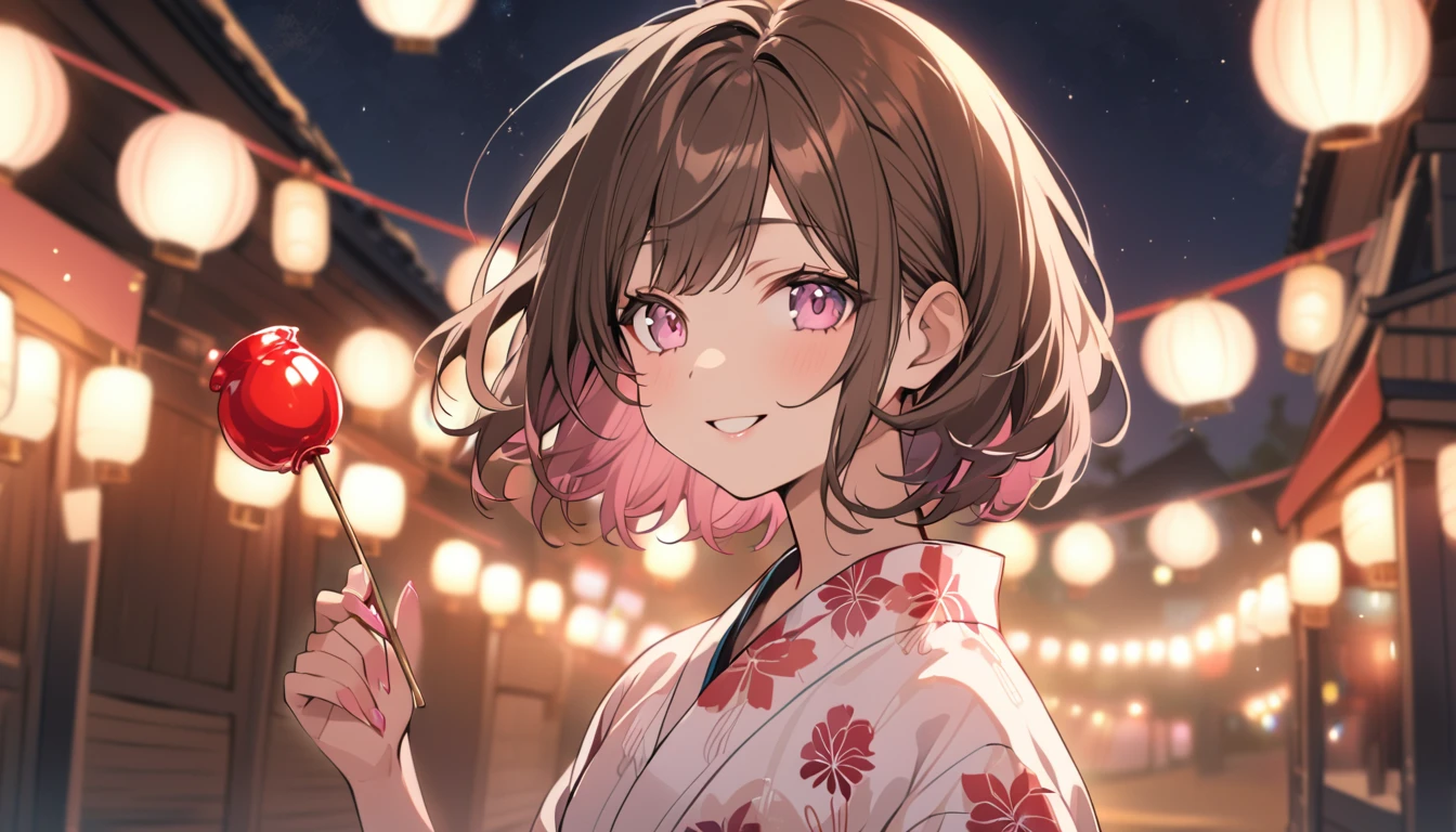 good looking, alone, 1 female, Medium Hair, Brown Hair, Pink highlights on the tip, Pale pink eyes,Smile Facial,yukata,night,Candy apple in hand