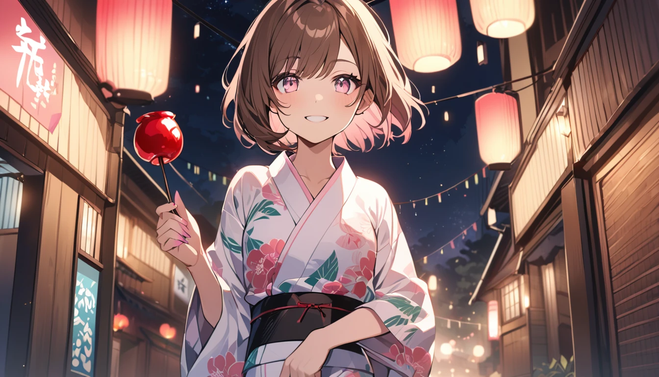 good looking, alone, 1 female, Medium Hair, Brown Hair, Pink highlights on the tip, Pale pink eyes,Smile Facial,yukata,night,Candy apple in hand