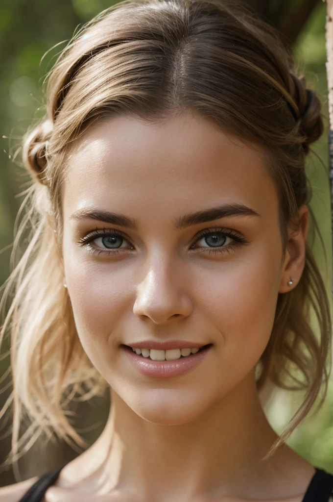 gorgeous, beautiful, 21 years old scandinavian, white hair in a bun, best portrait photo ever, men magazine portrait, beautiful smile, perfect teeth, seductive, flirty, face photo, stunning forest views, big trees around, canadian forest, smiling, detailed skin, realistic, photo-realistic, 8k sharp focus, highly detailed, full length frame, High detail RAW color art, piercing, diffused soft lighting, shallow depth of field, sharp focus, hyperrealism, cinematic lighting
