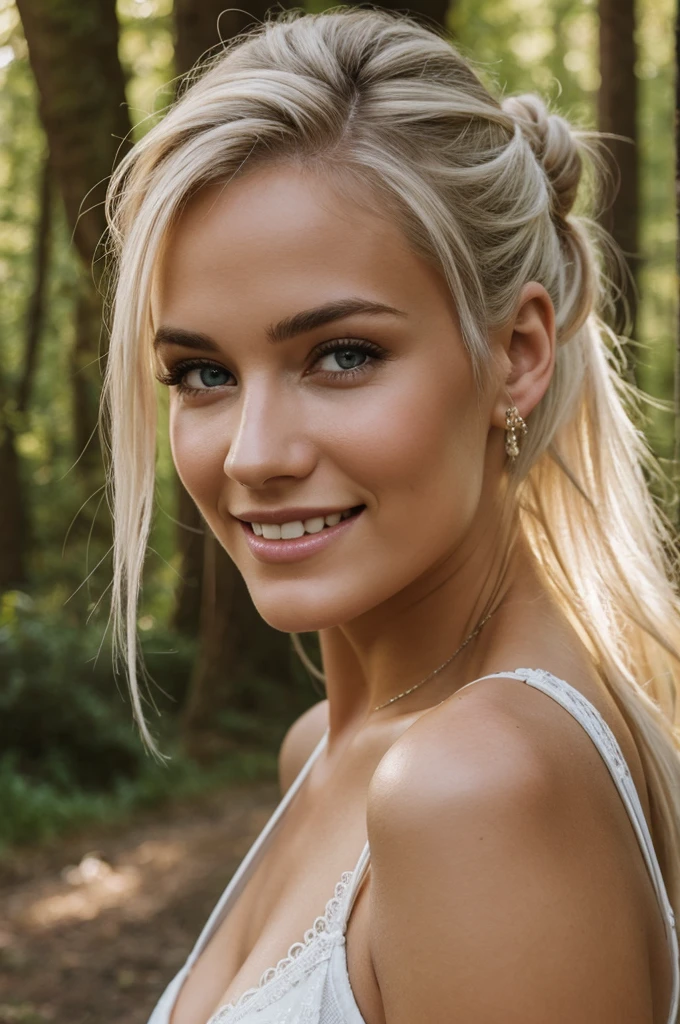 gorgeous, beautiful, 21 years old scandinavian, white hair in a bun, best portrait photo ever, men magazine portrait, beautiful smile, perfect teeth, seductive, flirty, face photo, stunning forest views, big trees around, canadian forest, smiling, detailed skin, realistic, photo-realistic, 8k sharp focus, highly detailed, full length frame, High detail RAW color art, piercing, diffused soft lighting, shallow depth of field, sharp focus, hyperrealism, cinematic lighting