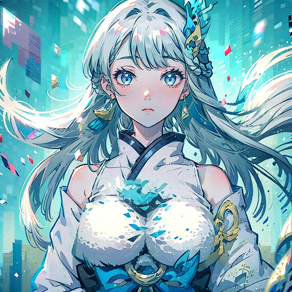 a close-up of a girl,  anime fantasy illustration, Yuki Onna, 1girl, japanese kimono, bare shoulder, light blue hair, extremely long hair, blue eyes, hair ornament, blue ribbon, blue earring, medium chest