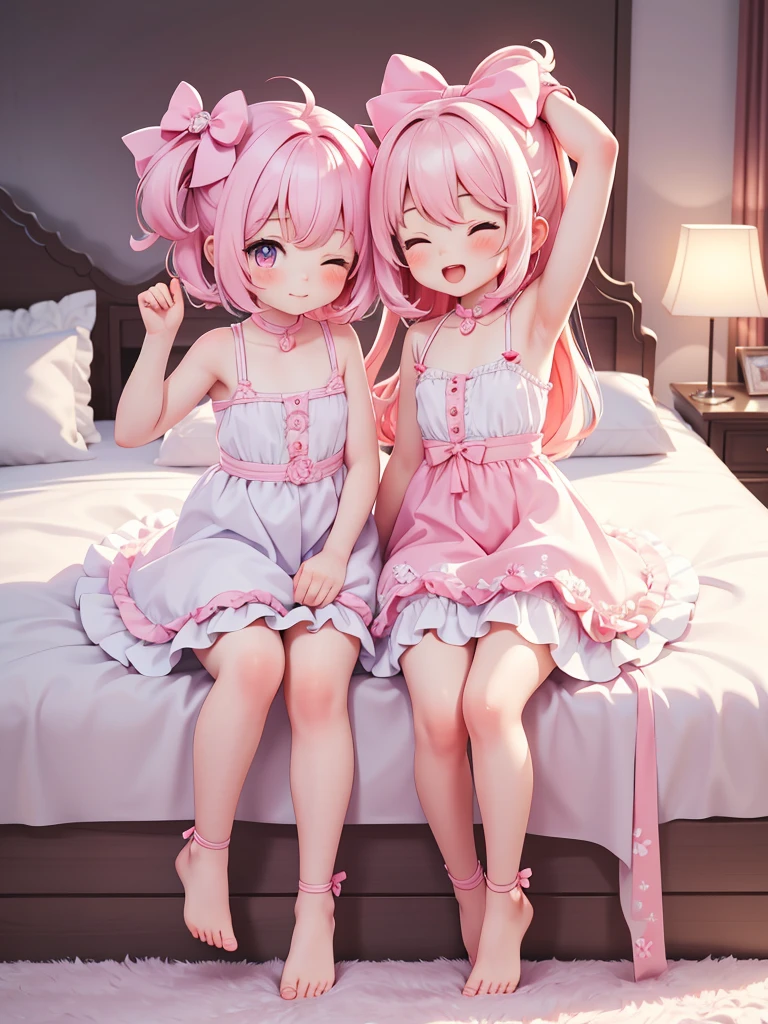 ((2girls, for two)), ((petite kawaii,  bishojo)), ((kawaii  face)), ((kawaii puffy eyes)), ((masterpiece)), ((best quality)), ((ultra detailed)), ((8k)), ((depth)), ((exquisite)), ((crisp)), ((highres)), ((high standard)), ((beautiful and aesthetic)), (super detailed skin), (perfect anatomy), (pink cheek), (pink rouge), (strap slip), (bare foot), (big bow in hair), (one room), (one eye closed ), (armpits), (perfect hands)