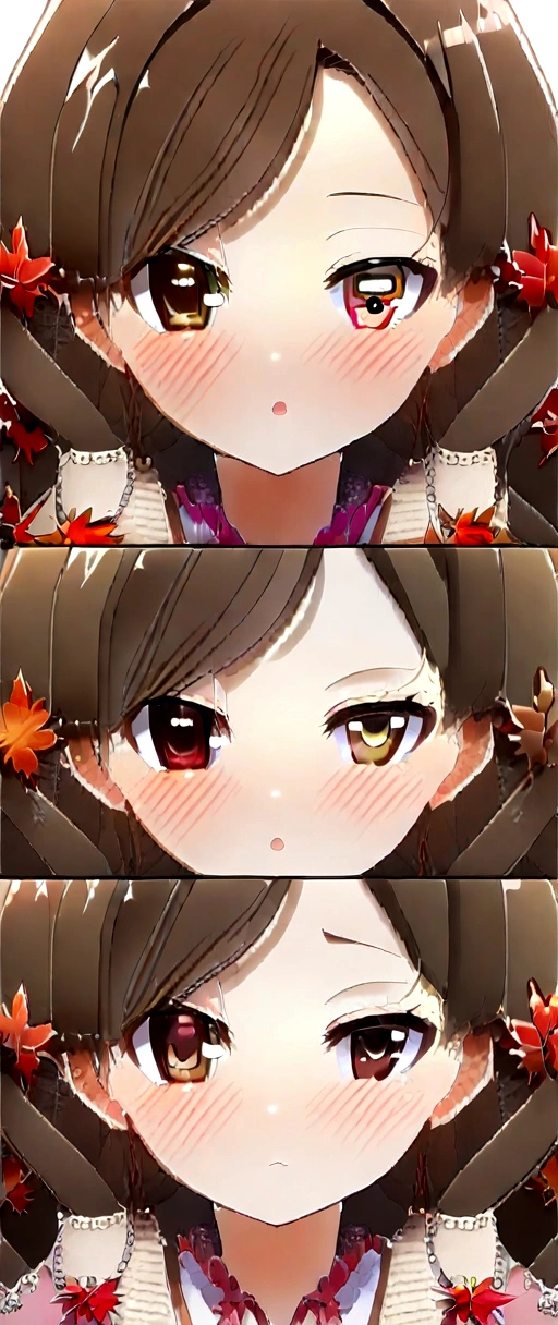 masterpiece, Best Quality, One girl, (a beauty girl, Delicate girl:1.3), (16 years old:1.3), Very fine eye definition, (Symmetrical eyes:1.3), (autumn leaves:1.2), (girly fashion, knit cardigan:1.3), Small breasts, Brown eyes, Parted bangs, Brown hair, girl, (Eyes and faces with detailed:1.0), (close up to face, zoom in face, face focus:0.1)