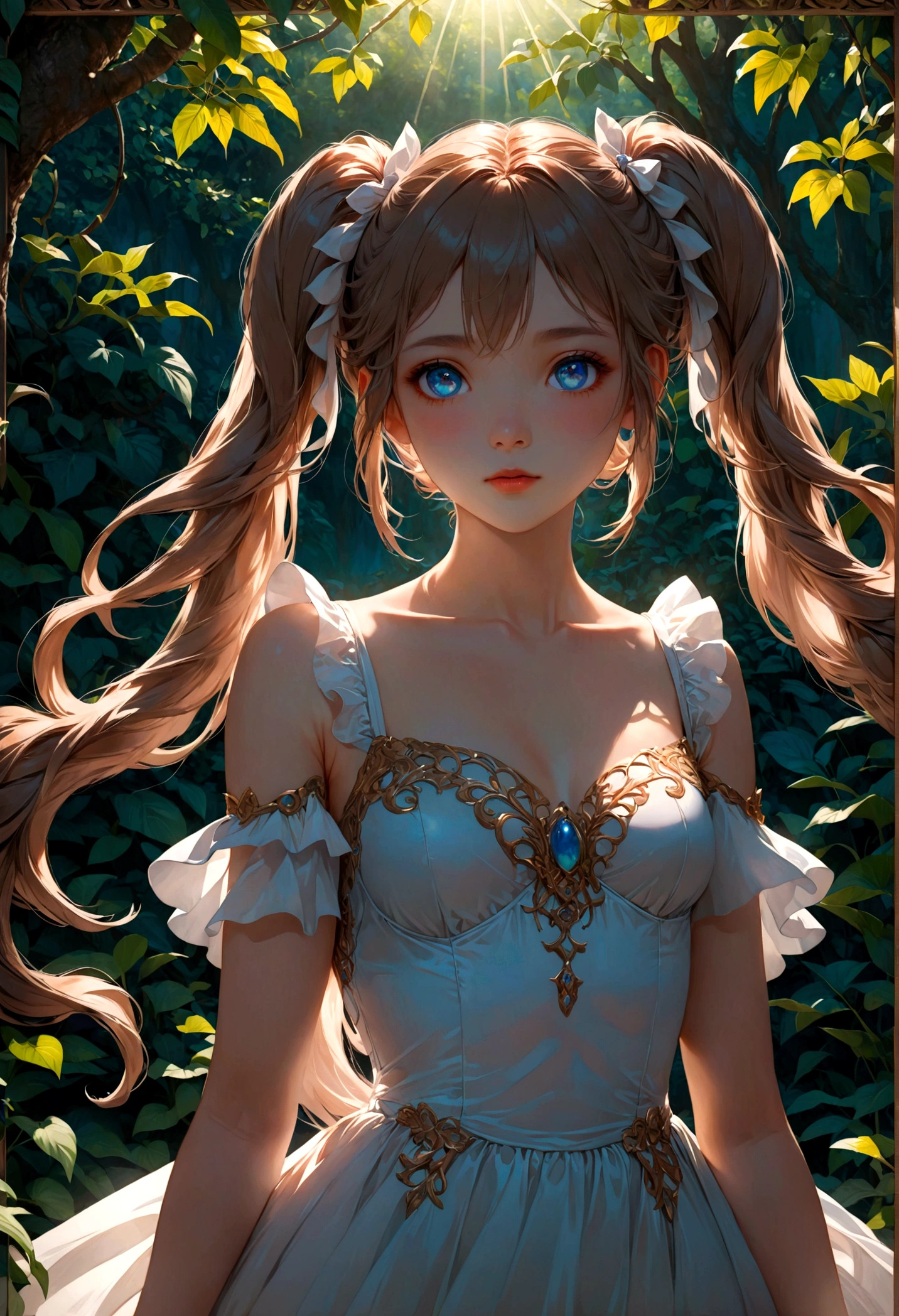 1girl, Twin Tails, A beautiful young girl with twin tails hairstyle, extremely detailed eyes and face, longeyes, flowing hair, intricate dress, delicate features, serene expression, standing in a lush garden, sunlight filtering through the trees, vibrant colors, warm lighting, (4k,8k,highres:1.2), ultra-detailed, portrait, fantasy, masterpiece, best quality, very aesthetic, absurdres