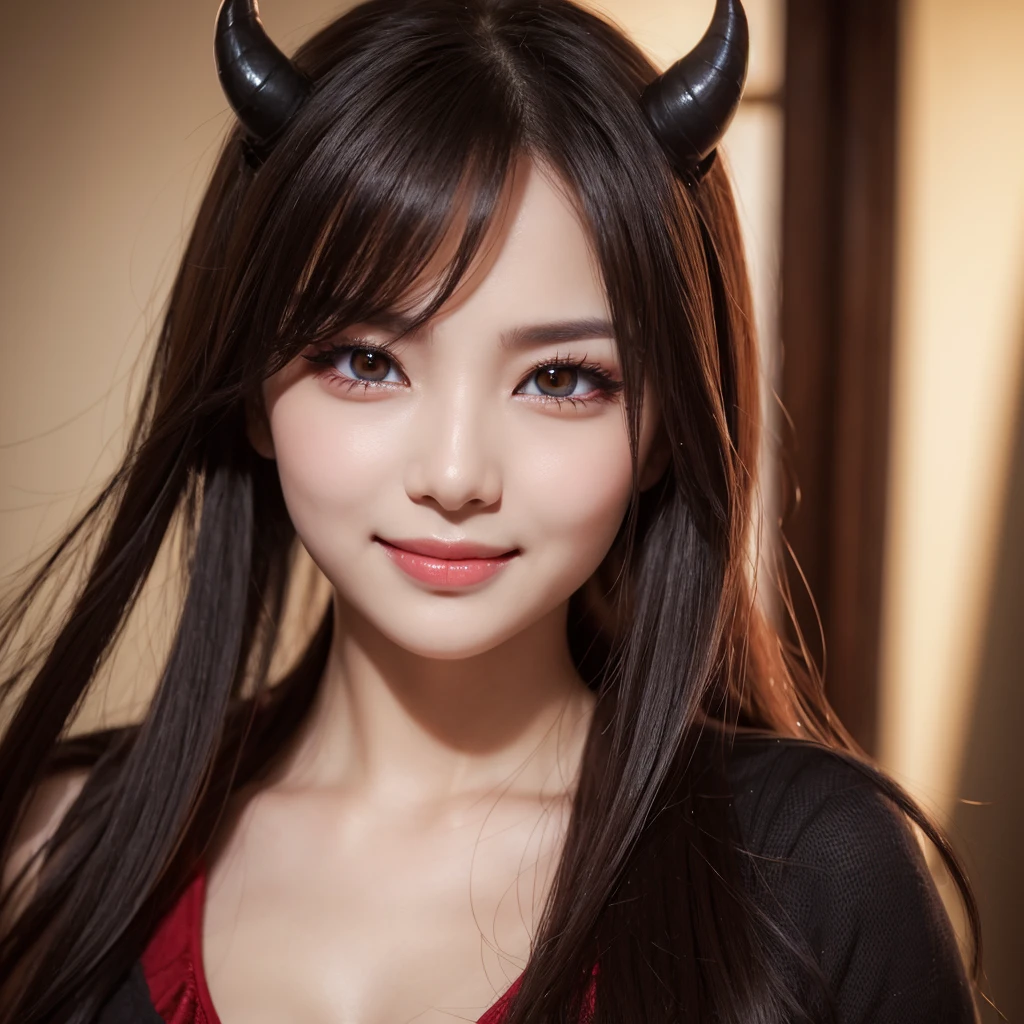 devil eyes, skin fang, constricted pupils, seductive smile, close-up