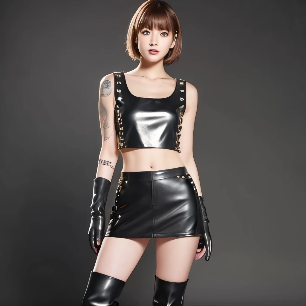short hair、Shiny leather sleeveless top、hot pants、stud、rivet、Knee-high boots、Leather Long Gloves、logic、Thick black line tattoo、provoke