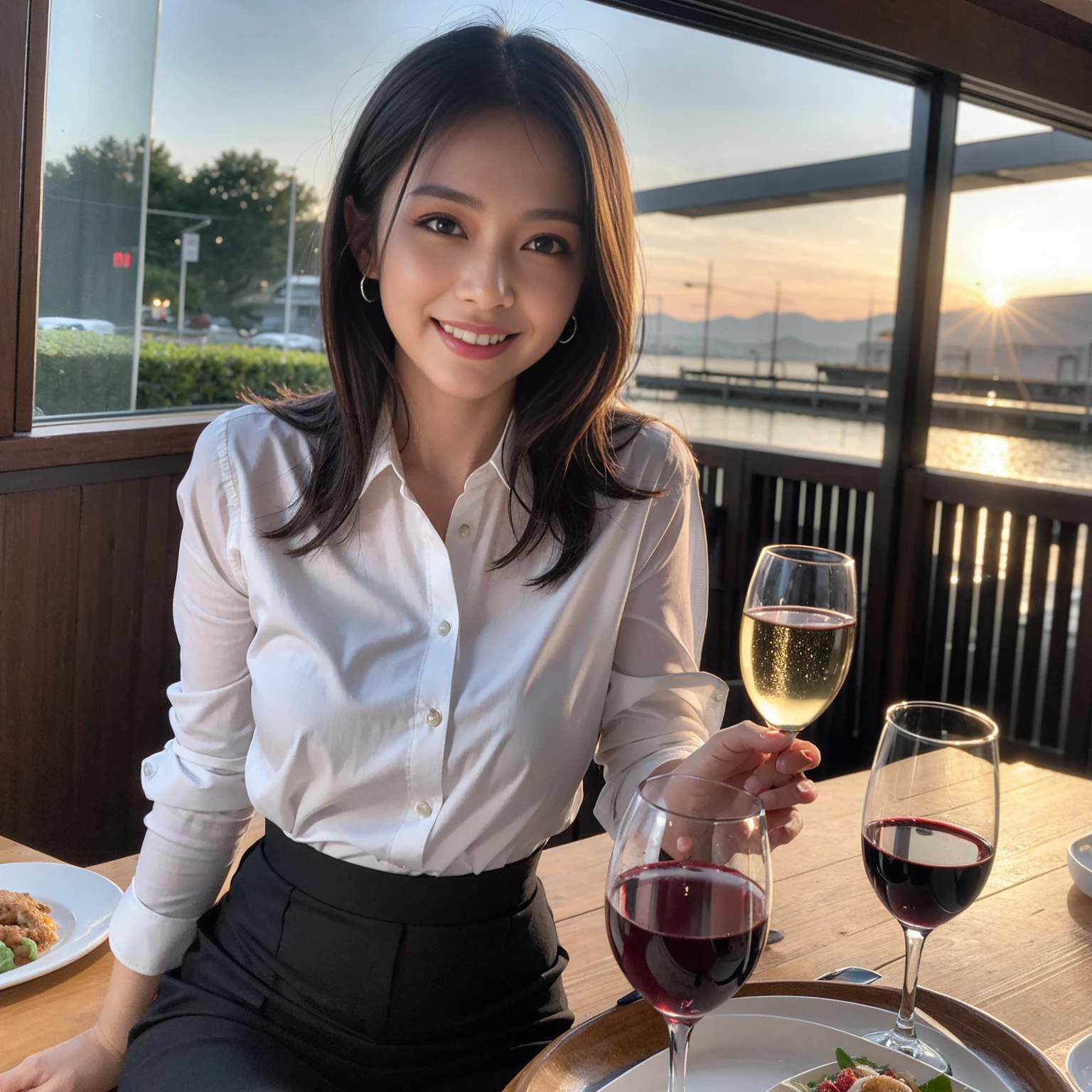 ((Highest quality、8K、masterpiece:1.3))、cute、slimカップル、modelカップル、actress男優、(Realistic, Intricate details:1.2), full-course dinner、Wine Party、Amazing view of the sunset sky and clouds、A bright smile、short hair,Bright Face、 (Age 37), Age 42, red wine 、Appetizers、Italian food、Wine bottle、Champagne、sparkling wine、Two beauties、Brown Hair、Shortcuts、Long sleeve shirt、dress、Beautiful woman 1, (slimな顔), (The body is slim), (Brown Hair), (Shortcuts), cheeks turn a little red,Attractive beauty、restaurant, In a prominent place (From the waist up) Nova Frog Style, actress, model, Upper Body, White wine, slim, wine glass, 中央に置かれたwine glass, smile, (smile: 1.15), Beautiful fine grain, Depth f/2,saturation, High Contrast, Strong light and shadow,Moist Body:1.5、3D texture、Delicate eyes、Brown Hair、The hair is very shiny、