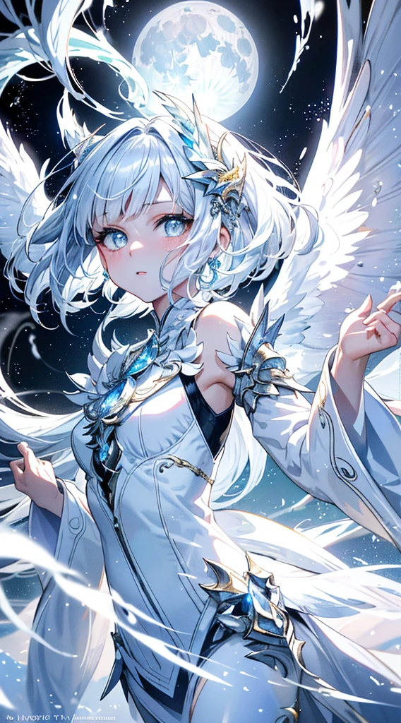 white dragon girl,(Cute Girl),age girl,stare,Absolutely beautiful.,exquisite face,white fluorescent tulle,A small white dragon surrounded him.,white flame particle effect,Dragon Feather Decorated with white feathers.,((Cute face)),glowing scales,Focus on the face,Detailed background,white dragon background,splash of color,Masterpiece,soft,angel,angelอากาศกระพือ,Surreal and realistic,Popular CG renderings,Highest picture quality,crystal,big moon moonlight background,Moisturized lips,8K