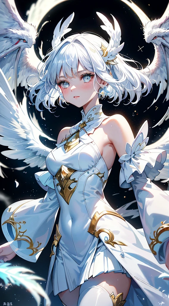 white dragon girl，（Cute Girl），teenage girl，stare，Absolutely beautiful.，exquisite face，white fluorescent tulle，A small white dragon surrounded him.，white flame particle effect，Dragon Feather Decorated with white feathers.，（(Cute face）)，glowing scales，Focus on the face，Detailed background，white dragon background，splash of color，Masterpiece，soft，angel，angelอากาศกระพือ，Surreal and realistic，Popular CG renderings，Highest picture quality，crystal，big moon moonlight background，Moisturized lips，8K