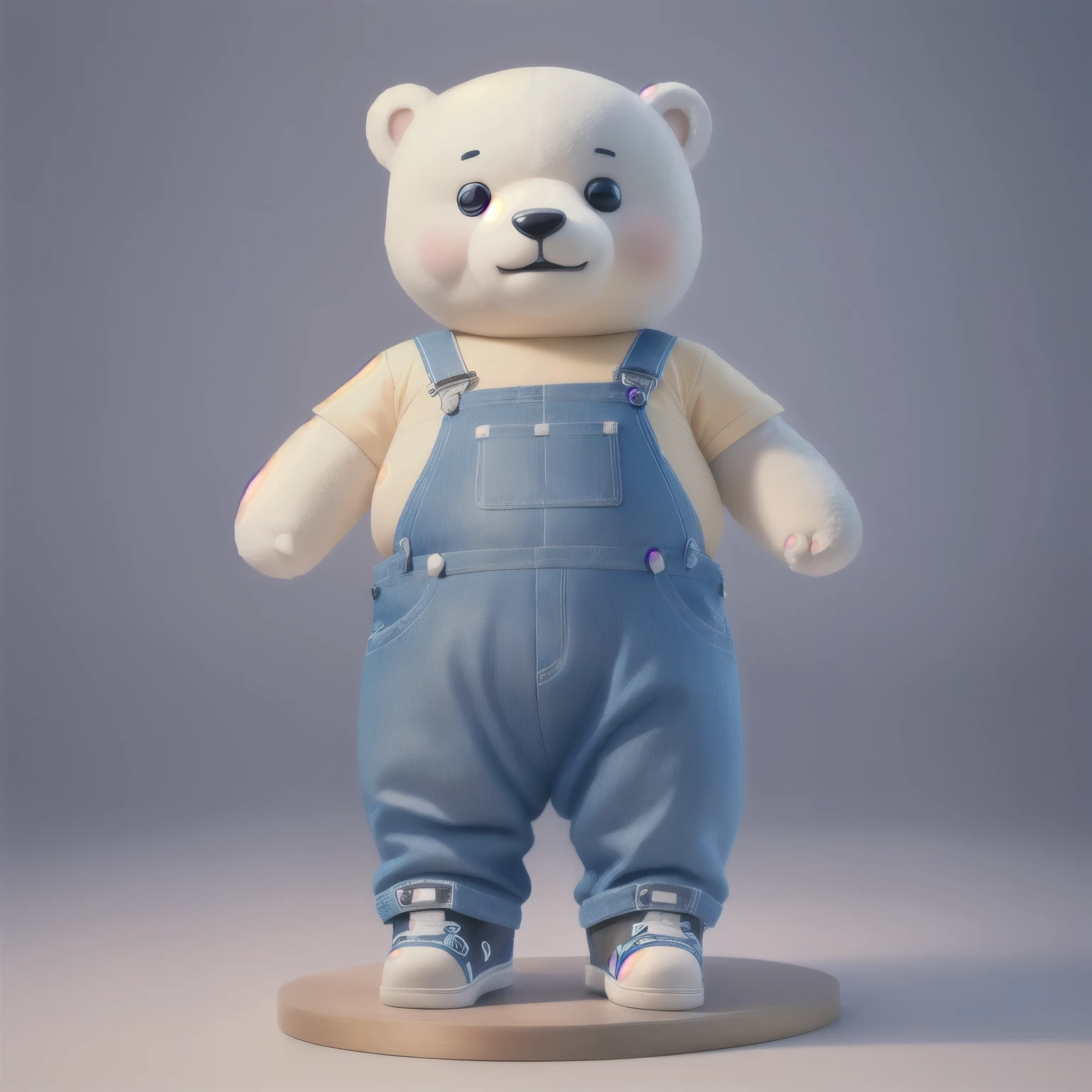 (masterpiece),(highest quality),(ultra-detailed),(full body:1.2), polar bear, denim overalls, shirt, shoes, cute, mascot, masterpiece, realistic, detailed, arms stretched horizontally, front view, 8k ultra-high quality, (smile:0.5), round face, fat body,