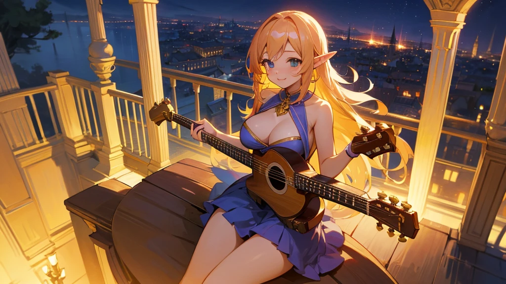 Anime Style,night,Detailed background,Magical World,A lively balcony with many people,Smiling bard beautiful elf girl,guitar,Large Breasts,Healthy thighs,Underarm,Barefoot